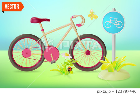 3d Bicycle and Road Sign Traffic Rules Concept Cartoon Design Style. Vector illustration of Activity Safety Lifestyle 3d Bicycle and Road Sign Traffic Rules Concept Cartoon Design Style. Vector illustration of Activity Safety Lifestyle 123797446