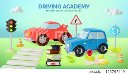 3d Driving Academy Traffic Rules Education Concept Ads Banner Promotion Poster Card. Vector illustration of Automobile, Stoplight and Books 3d Driving Academy Traffic Rules Education Concept Ads Banner Promotion Poster Card. Vector illustration of Automobile, Stoplight and Books 123797449