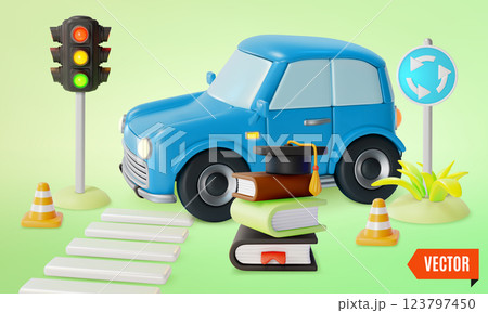 3d Driving Academy Traffic Rules Education Concept Background Cartoon Design Style. Vector illustration of Automobile, Stoplight and Books 123797450