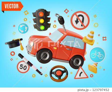 3d Driving Courses Traffic Rules Concept Background Cartoon Design Style. Vector illustration of Practice and Education 3d Driving Courses Traffic Rules Concept Background Cartoon Design Style. Vector illustration of Practice and Education 123797452
