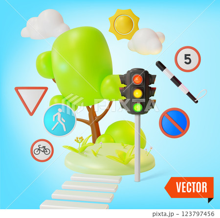 3d Pedestrian Safety First Traffic Rules Concept Background Cartoon Design Style. Vector illustration of Stoplight and Crosswalk 123797456