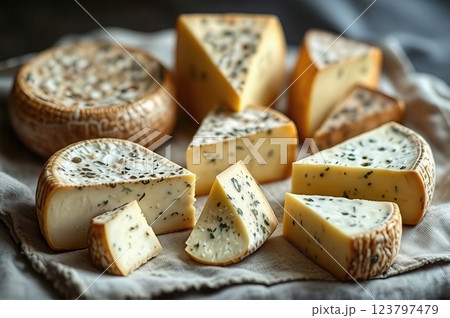 Artisanal Herb-Infused Traditional Cheese Wheels and Wedges A Rustic Gastronomic Still Life Composition 123797479