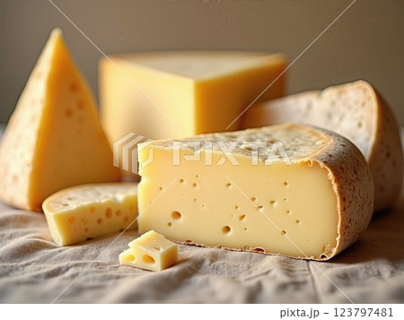 Artisanal Herb-Infused Traditional Cheese Wheels and Wedges A Rustic Gastronomic Still Life Composition 123797481