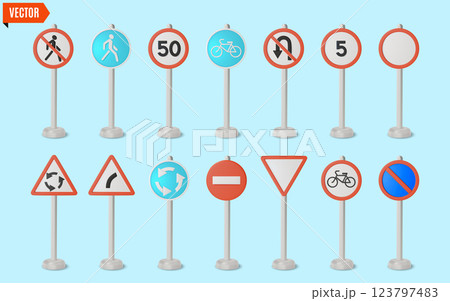 3d Traffic Rules Concept Different Road Signs on a Stand Set Cartoon Design Style. Vector illustration 123797483
