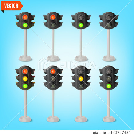 3d Traffic Light on a Stand Sequence Red, Yellow and Green Lights Cartoon Design Style Symbol of Rules. Vector illustration 123797484