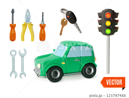 3d Road Rules or Repair Concept Traffic Light, Keys, Car and Tools Cartoon Design Style. Vector illustration 123797488