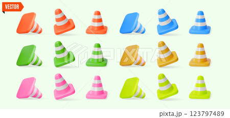 3d Traffic Rules Concept Different Color Plastic Cones Set Cartoon Design Style. Vector illustration of Caution Sign 123797489