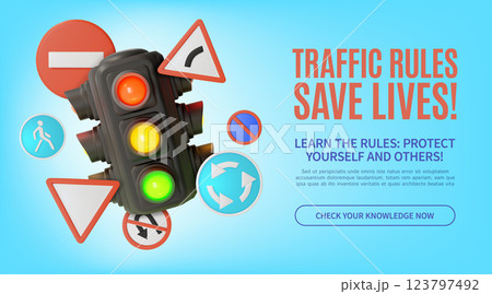 3d Road Rules Save Lives Concept Ads Banner Promotion Poster Card with Traffic Light Illuminated and Road Signs Around. Vector illustration 3d Road Rules Save Lives Concept Ads Banner Promotion Poster Card with Traffic Light Illuminated and Road Signs Around. Vector illustration 123797492