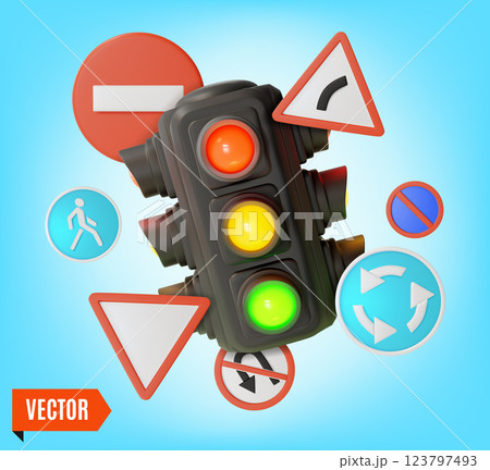 3d Road Rules Save Lives Concept Background with Traffic Light Illuminated and Road Signs Around Cartoon Design Style. Vector illustration 3d Road Rules Save Lives Concept Background with Traffic Light Illuminated and Road Signs Around Cartoon Design Style. Vector illustration 123797493