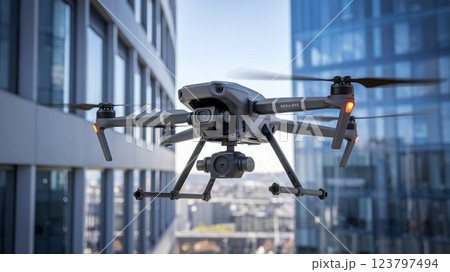【16:9版】ドローン画像　ビルの外壁を点検するドローン　4本アーム　白　黒　グレー　シルバー 123797494