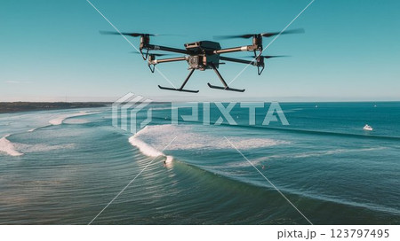 【16:9版】ドローン画像　海岸で波の高さを測るドローン　4本アーム　白　黒　グレー　シルバー 123797495