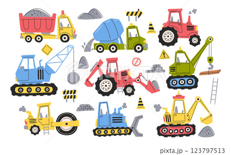Construction cars, industrial heavy machinery, transportation vehicles childish hand drawn set 123797513