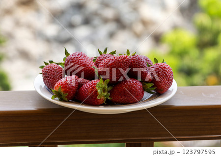 Ripe red strawberry berries in a plate, blurred background Ripe red strawberry berries in a plate, blurred background 123797595