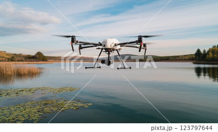 【16:9版】ドローン画像　湖で水質を調査するドローン　4本アーム　白　黒　グレー　シルバー 123797644