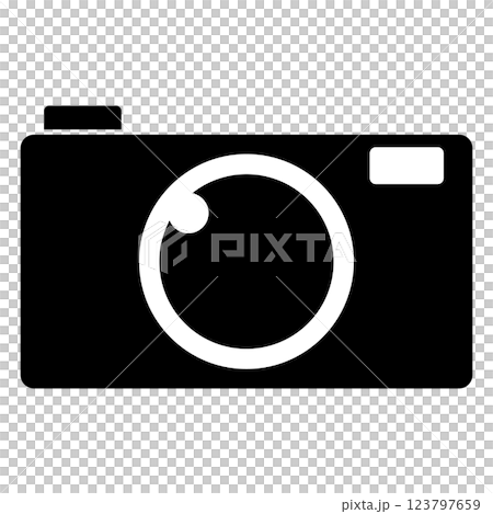 白黒のシンプルでフラットなカメラアイコン　白背景 123797659