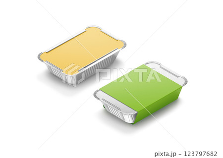 Blank colored aluminium foil container paper label mockup, half-turned view Blank colored aluminium foil container paper label mockup, half-turned view 123797682