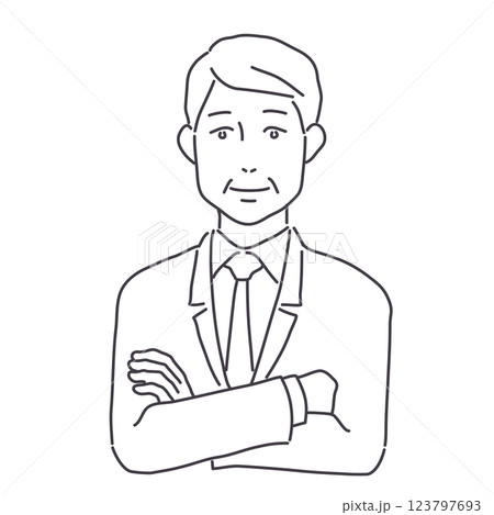 腕組みをするスーツ姿の中年男性　線のみ 123797693