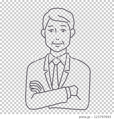腕組みをするスーツ姿の中年男性　線のみ 123797693