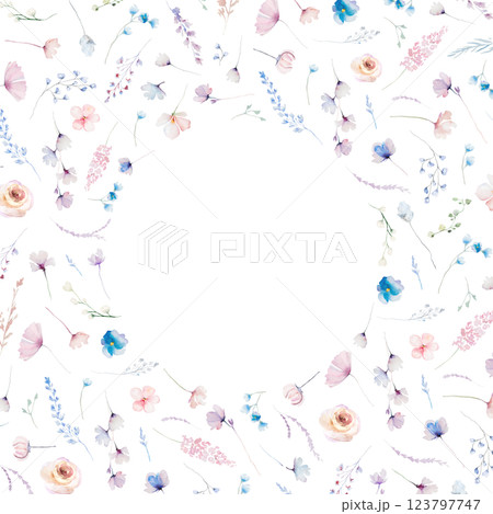 Frame made with watercolor pastel wild flowers and leaves, hand drawn wedding illustration Frame made with watercolor pastel wild flowers and leaves, hand drawn wedding illustration 123797747