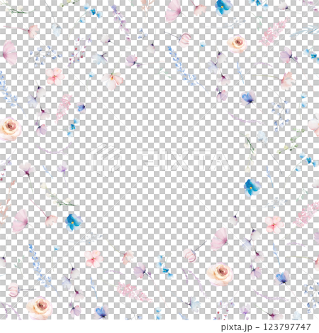 Frame made with watercolor pastel wild flowers and leaves, hand drawn wedding illustration Frame made with watercolor pastel wild flowers and leaves, hand drawn wedding illustration 123797747