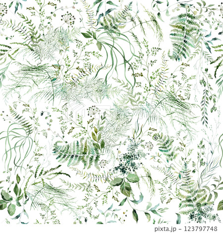 Seamless pattern with Watercolor fern twigs with green leaves isolated illustration, botanical wedding Seamless pattern with Watercolor fern twigs with green leaves isolated illustration, botanical wedding 123797748