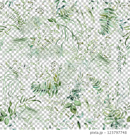 Seamless pattern with Watercolor fern twigs with green leaves isolated illustration, botanical wedding Seamless pattern with Watercolor fern twigs with green leaves isolated illustration, botanical wedding 123797748
