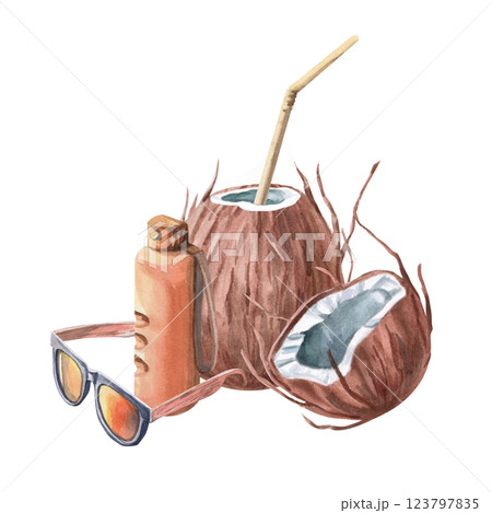 Coconuts, sunglasses and water bottle. Isolated watercolor illustration of summer vacation attributes for beach goods design, t-shirt printing, postcards. 123797835