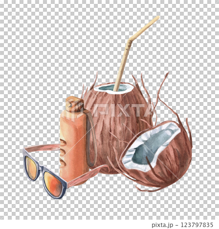 Coconuts, sunglasses and water bottle. Isolated watercolor illustration of summer vacation attributes for beach goods design, t-shirt printing, postcards. 123797835