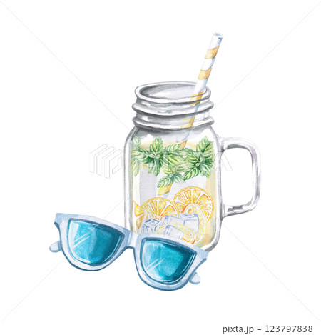 Sunglasses and a mug with lemonade. Isolated watercolor illustration of summer vacation attributes for beach goods design, t-shirt printing, postcards. 123797838