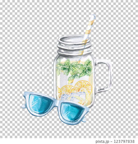 Sunglasses and a mug with lemonade. Isolated watercolor illustration of summer vacation attributes for beach goods design, t-shirt printing, postcards. 123797838