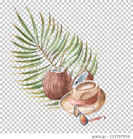 Sunglasses, coconuts, straw hat and palm branch. Isolated watercolor illustration of summer vacation attributes for beach goods design, t-shirt printing, postcards 123797839