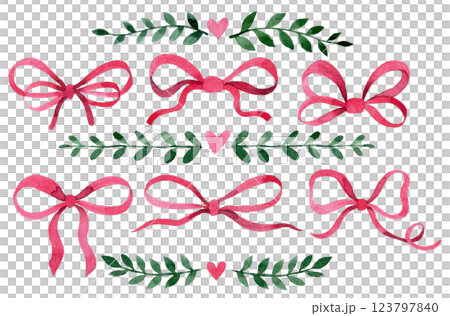watercolor drawing, set of ribbons and bows in pink color. watercolor drawing, set of ribbons and bows in pink color. 123797840