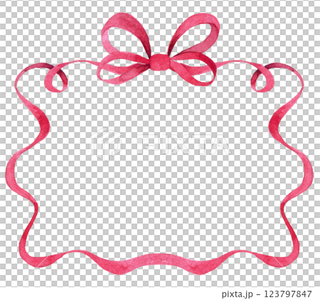 square frame of pink ribbon with a bow. watercolor illustration 123797847
