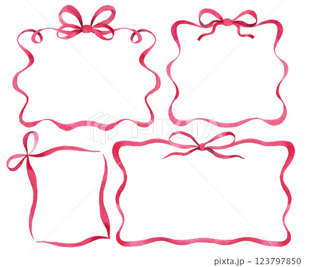 set of frames of pink ribbon with a bow. watercolor illustration 123797850