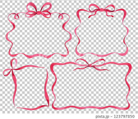 set of frames of pink ribbon with a bow. watercolor illustration 123797850