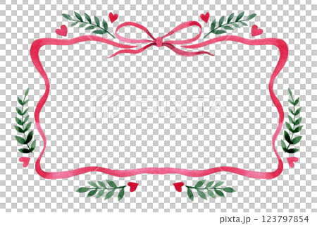square frame of pink ribbon with a bow. watercolor illustration 123797854