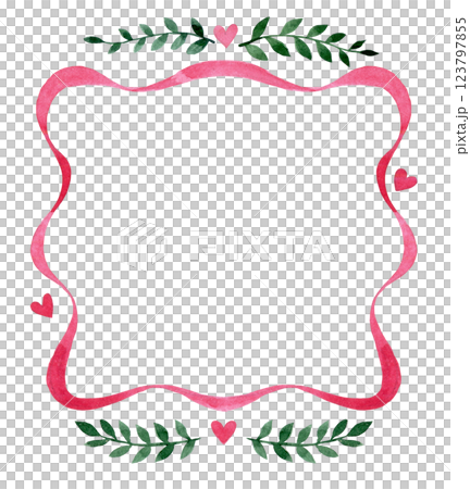 square frame of pink ribbon with a bow. watercolor illustration 123797855