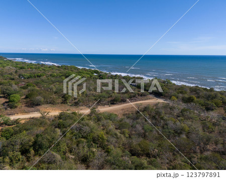Scenic coastline with lush greenery and winding road under clear blue sky Scenic coastline with lush greenery and winding road under clear blue sky 123797891