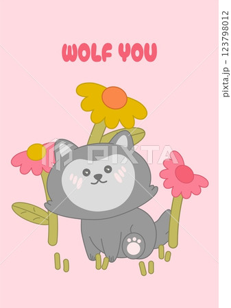 Kawaii wolf sitting in a flower field. Cute baby wolf with a gentle look in a whimsical woodland setting. Perfect for children's prints, nursery decor, greeting cards. Soft pastel vector illustration 123798012