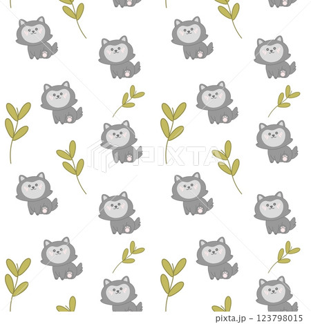 Kawaii wolf seamless pattern with cute forest animal and leaves. Adorable baby wolf in cartoon style. Perfect for kids' textiles, wallpapers and background. Modern vector illustration in pastel colors Kawaii wolf seamless pattern with cute forest animal and leaves. Adorable baby wolf in cartoon style. Perfect for kids' textiles, wallpapers and background. Modern vector illustration in pastel colors 123798015