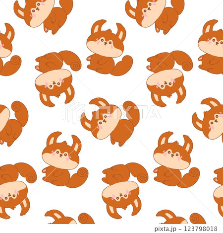 Seamless pattern of kawaii squirrel. Cute wild forest animal. Adorable character cartoon vector illustration for textile, fabric, packing, gift print, baby clothing. Isolated on white background 123798018