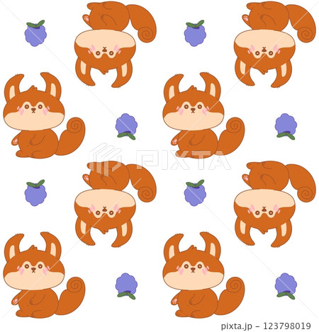 Seamless pattern of kawaii squirrel with blackberry. Cute wild forest animal. Adorable character cartoon vector illustration for textile, fabric, packing, gift print, baby clothing 123798019