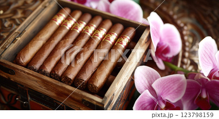 Luxury Cuban tobacco cigars in box, rolled nicotine product, harmful unhealthy vintage business. 123798159