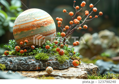 Miniature planets in space adorned with vibrant greenery showcasing the solar system 123798240