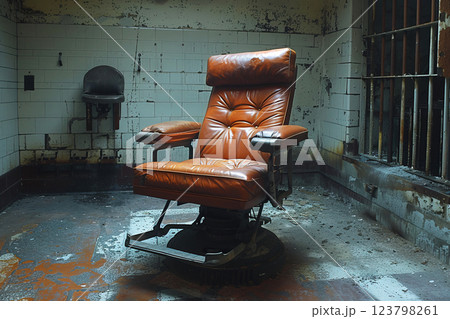 The chair crafted from worn leather and metal sits alone in a neglected prison cell 123798261