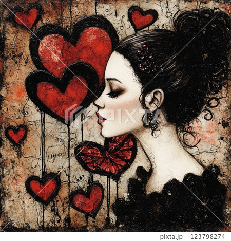 Vintage postcard, beautiful in love woman in dress with red hearts on background, birthday card, atmosphere of love devotion happiness romance nostalgia 123798274