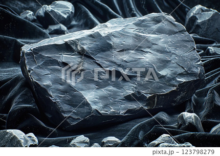 High detail image of Abelsonite stone placed on black velvet fabric in a cinematic low key setting 123798279