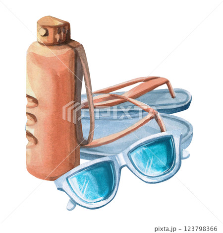 Mirror sunglasses, water bottle and flip flops. Isolated watercolor illustration of summer holiday attributes for beach goods design, t-shirt printing, postcards 123798366