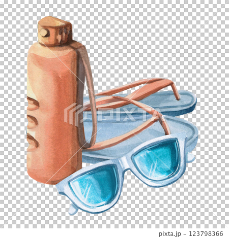 Mirror sunglasses, water bottle and flip flops. Isolated watercolor illustration of summer holiday attributes for beach goods design, t-shirt printing, postcards 123798366