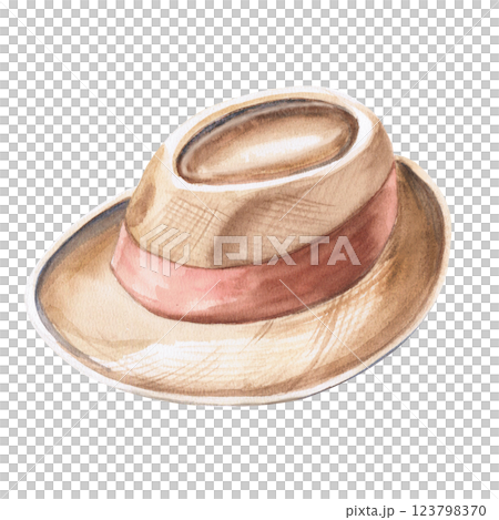 Straw men's hat as a vacation attribute. Isolated watercolor illustration for clothing store design, headwear, travel blogs. Straw men's hat as a vacation attribute. Isolated watercolor illustration for clothing store design, headwear, travel blogs. 123798370